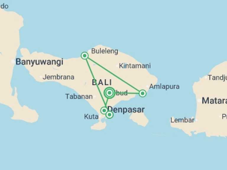 Map itinerary of South East Asia Tour in July 2026 with 5 destination visits for the trip: Bali: The Enchanted Island, French-speaking Guide