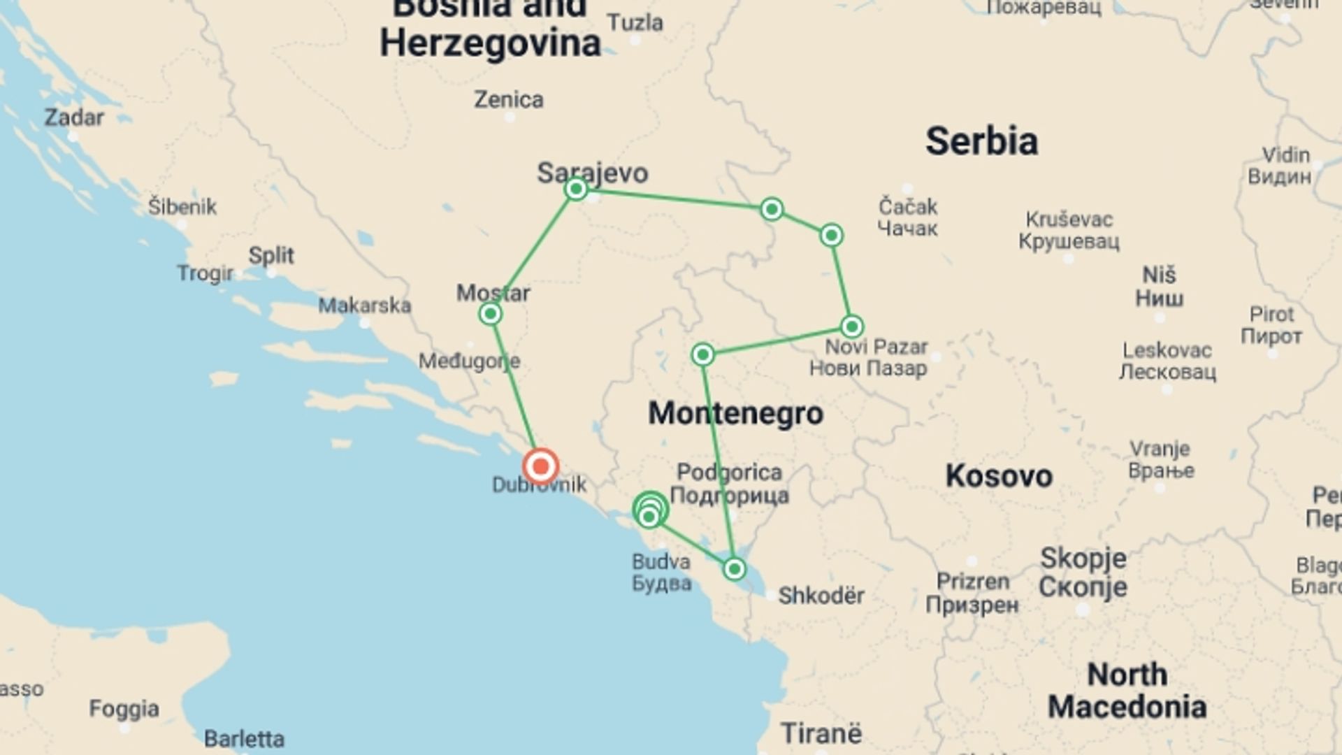 A map showing the tour itinerary for the trip: Journey Through the Balkans, starting in Dobrota, Montenegro and ending in Dubrovnik, Croatia going through 9 other destinations.