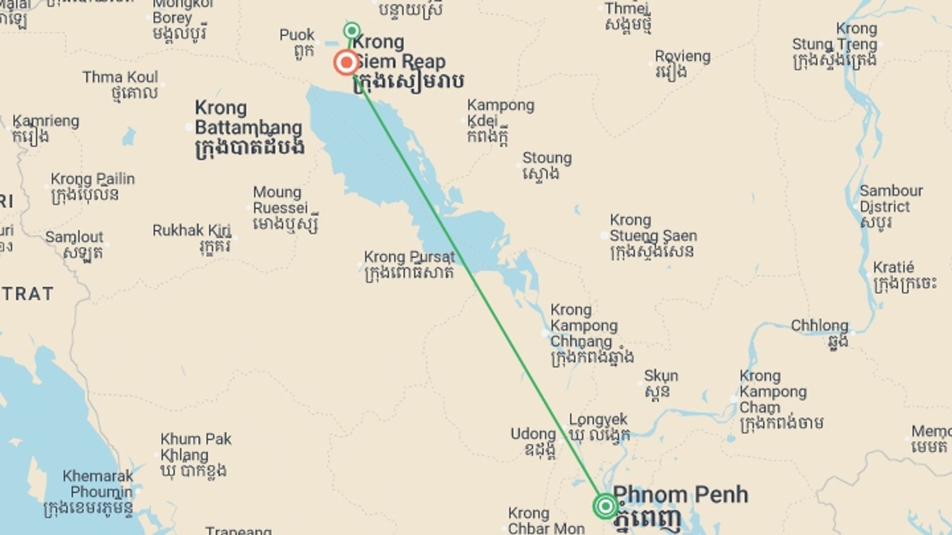 A map showing the tour itinerary for the trip: Wonders of Cambodia - 6 days, starting in Phnom Penh, Cambodia and ending in Siem Reap, Cambodia going through 1 other destinations.