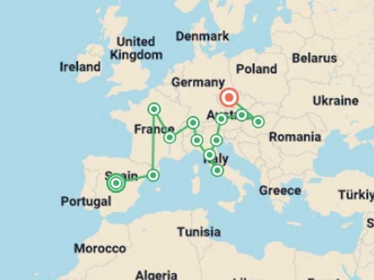 Map itinerary of Mediterranean Tour in July 2026 with 13 destination visits for the trip: The Big Four GO