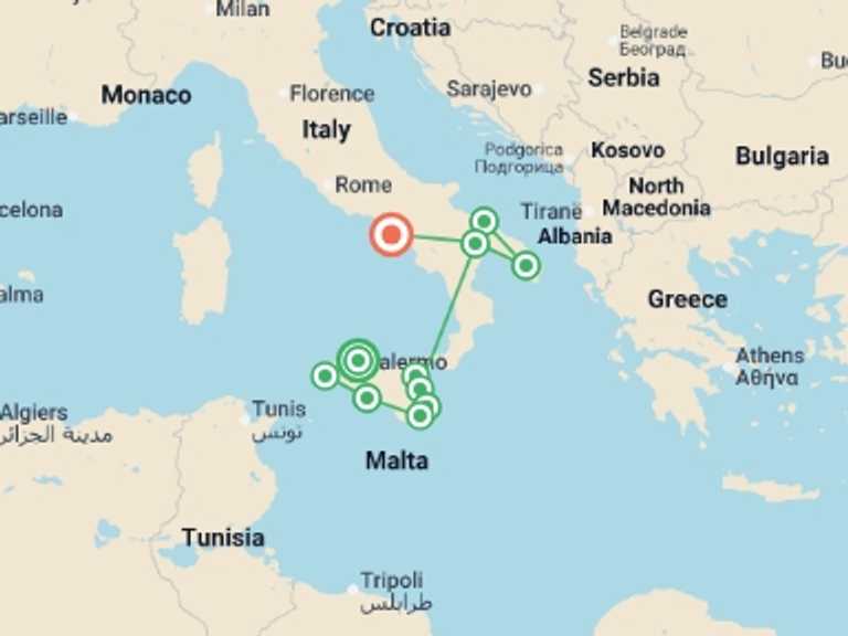 Map of Mediterranean Tour with 10 destination visits for the trip: Premium Sicily and Puglia