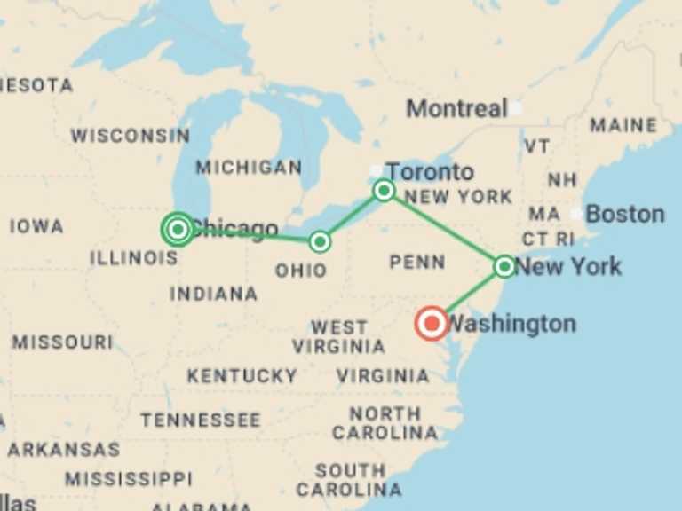 Map of New York Cultural, religious and historic sites Tour with 5 destination visits for the trip: Chicago, Niagara and New York end Washington
