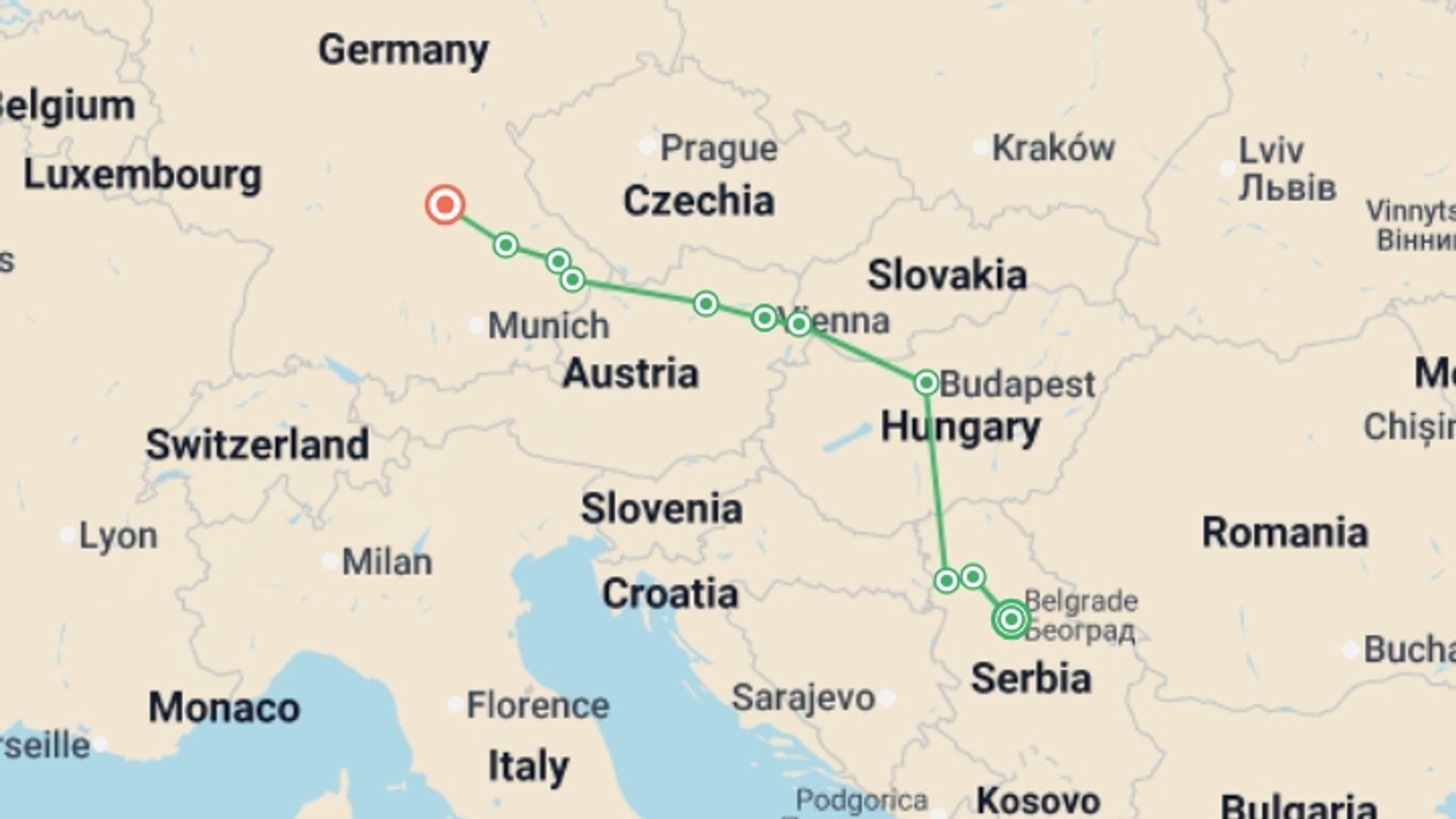 A map showing the tour itinerary for the trip: Danube Grandeur (2027), starting in Belgrade, Serbia and ending in Nuremberg, Germany going through 9 other destinations.