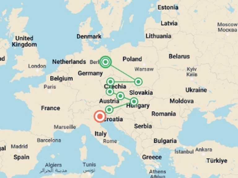 Map of 15-Day Europe Tour with 8 destination visits for the trip: Real Central Europe