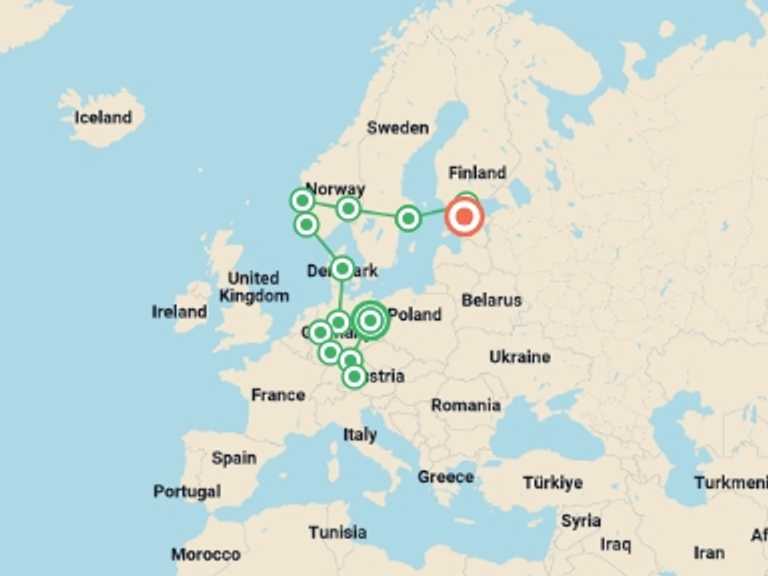 Map itinerary of Europe Tour in February 2027 with 13 destination visits for the trip: North of Europe
