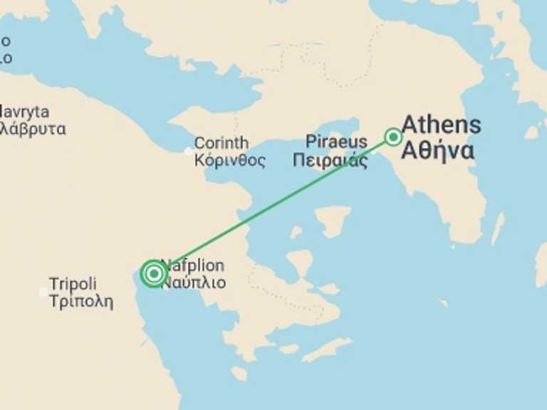 Map itinerary of Greece Tour in Summer with 2 destination visits for the trip: 2 Days Argolis Tour Epidavros, Mycenae, Nafplion