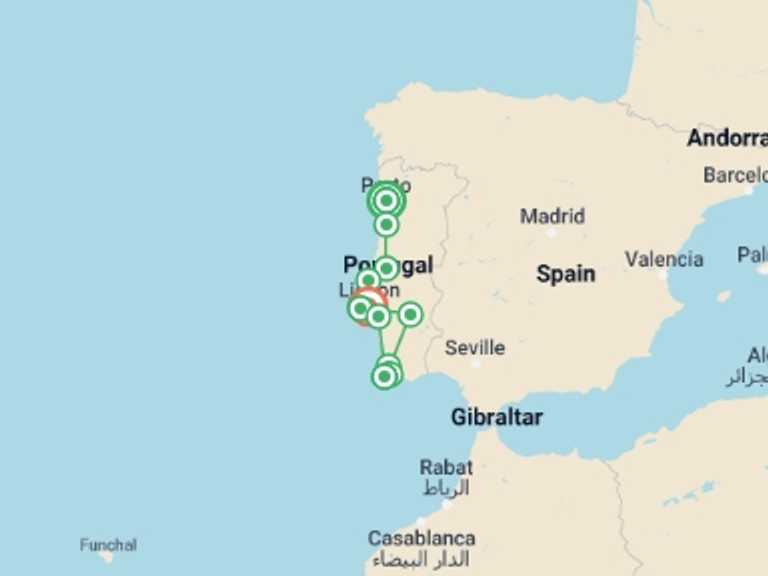 Map itinerary of Lisbon Tour in February 2027 with 5 destination visits for the trip: Sunny Portugal with Porto