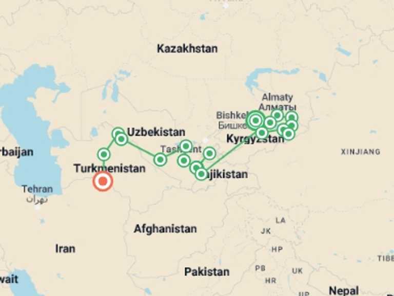 Map itinerary of Bishkek Tour in May 2026 with 19 destination visits for the trip: The Five Stans of the Silk Road