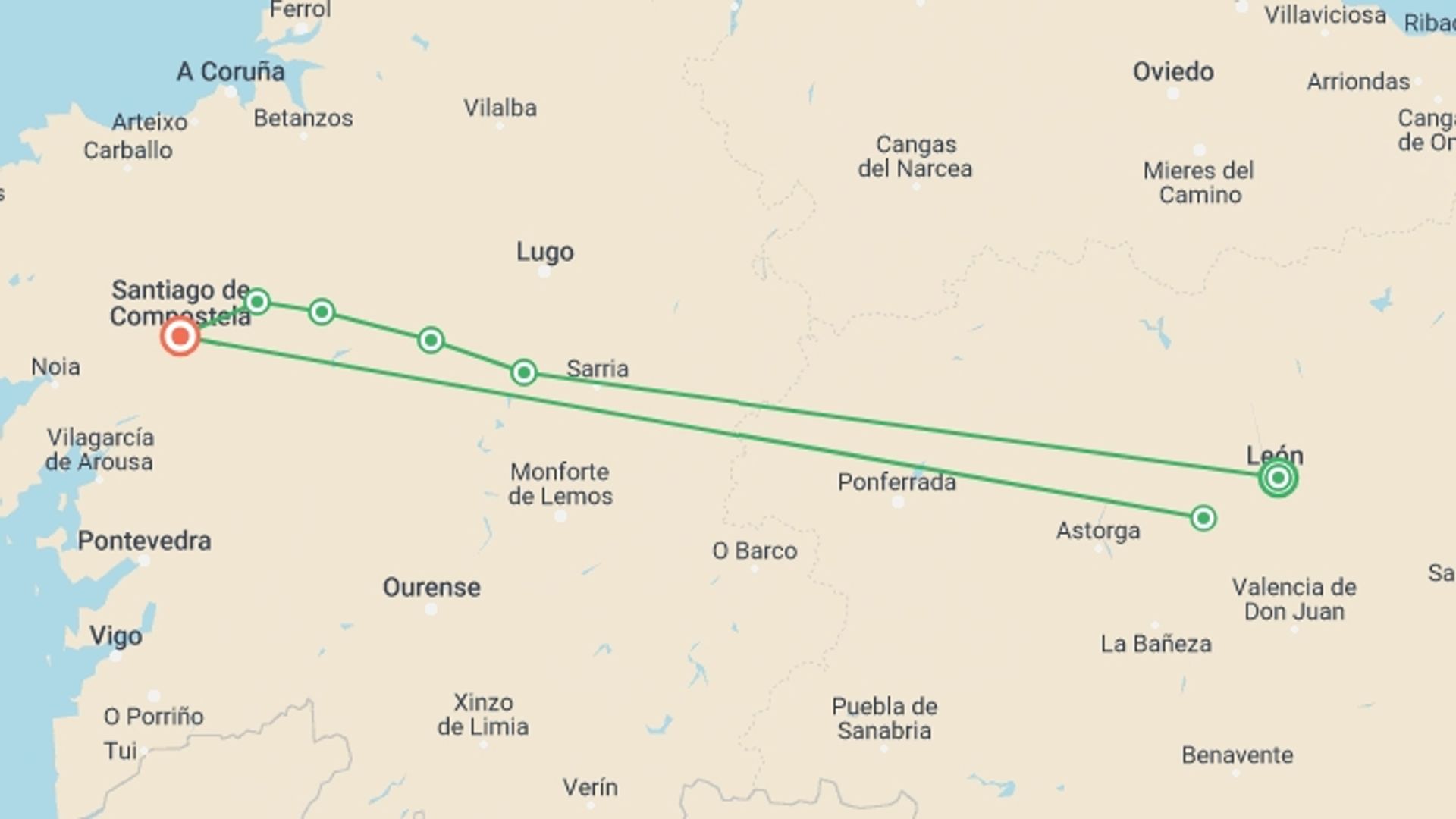 A map showing the tour itinerary for the trip: Camino - Leon to Santiago in 15 Days, starting in Leon, Spain and ending in Santiago De Compostela, Spain going through 5 other destinations.