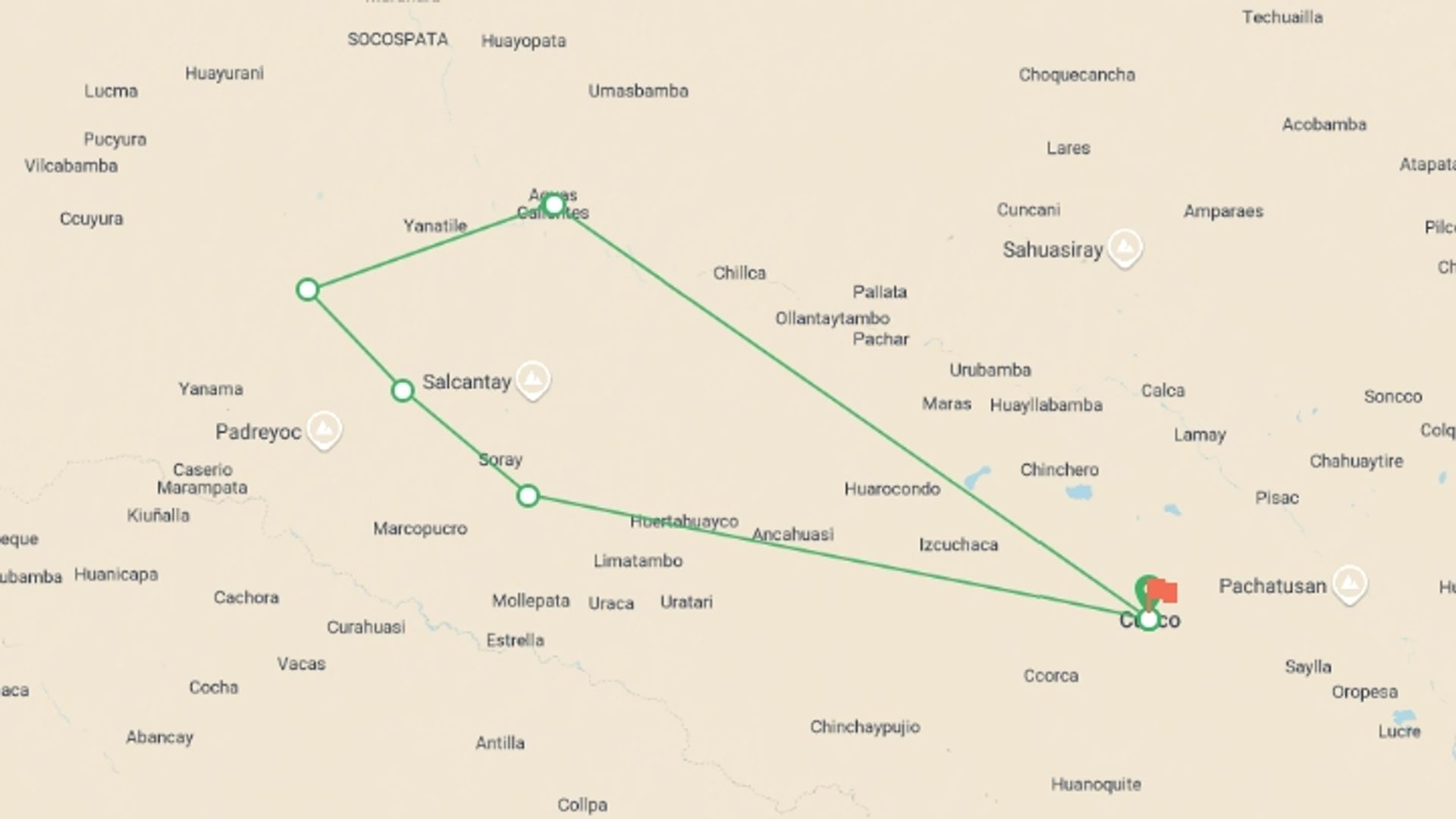 A map showing the tour itinerary for the trip: Trek along  Salkantay to Machu Picchu , starting in Cusco, Peru and ending in Cusco, Peru going through 6 other destinations.