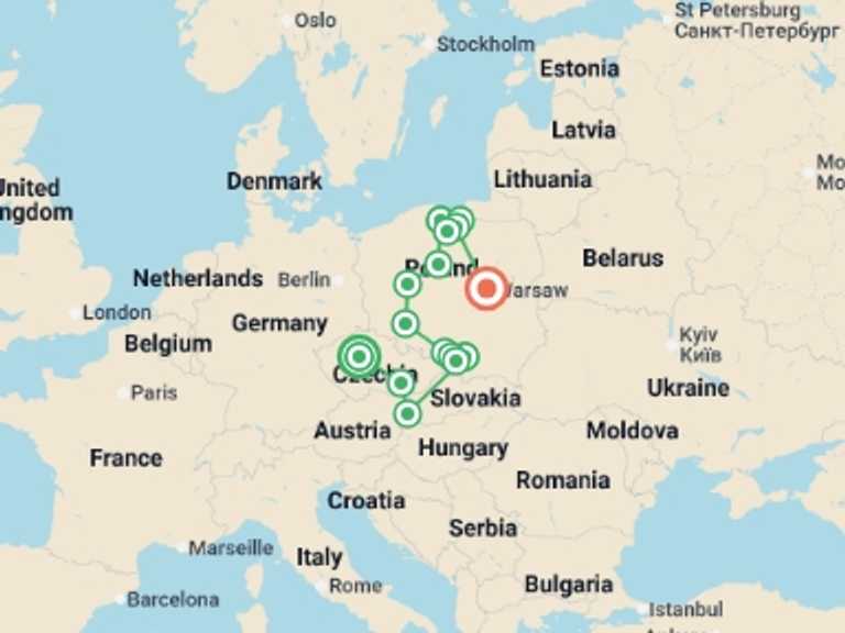 Map itinerary of Prague Tour in September 2025 with 7 destination visits for the trip: Prague, Moravia, and Tour of Northern Poland
