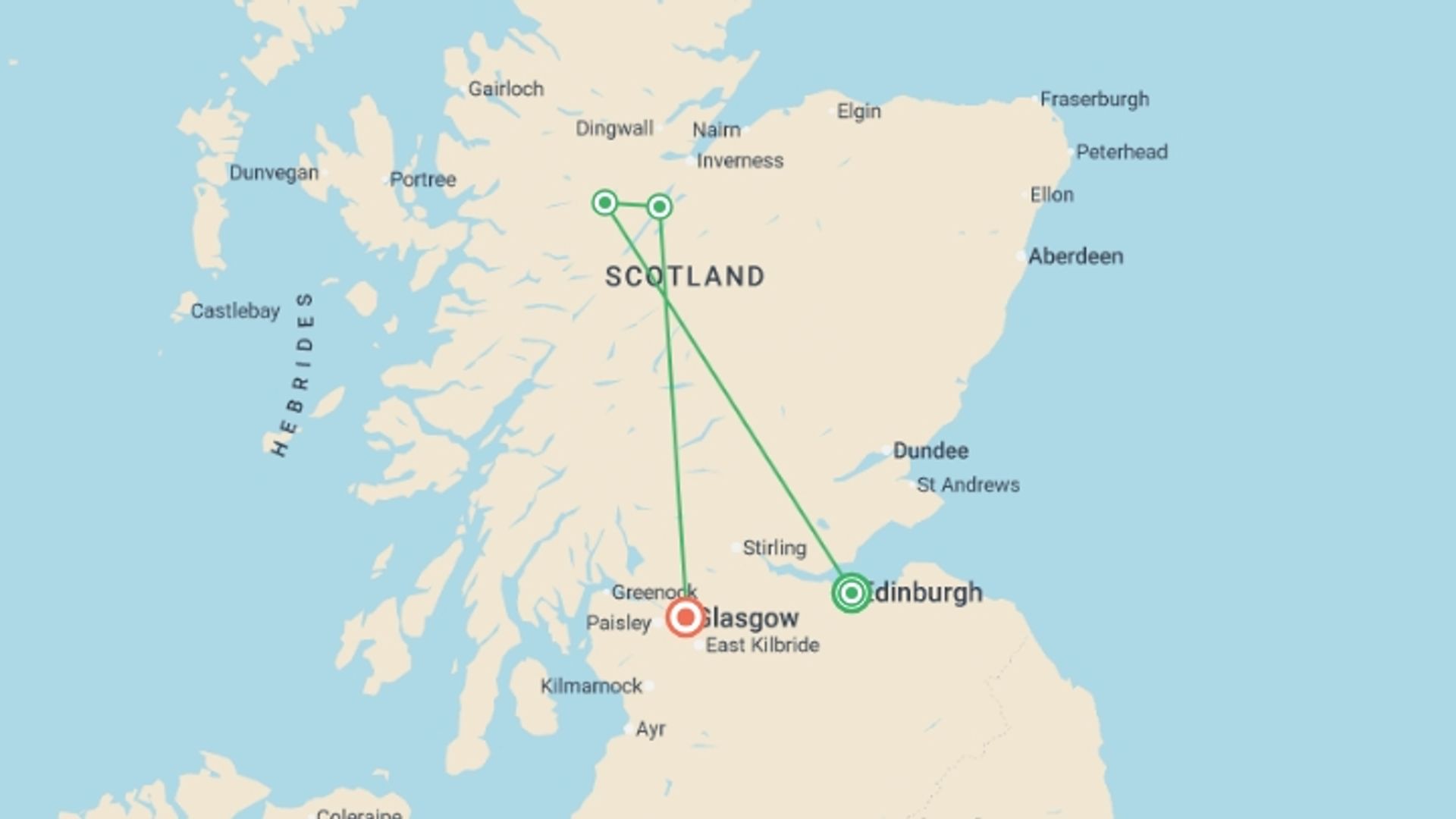 A map showing the tour itinerary for the trip: Scotland in a Week 35 to 45, starting in Edinburgh, Scotland and ending in Glasgow, Scotland going through 1 other destinations.