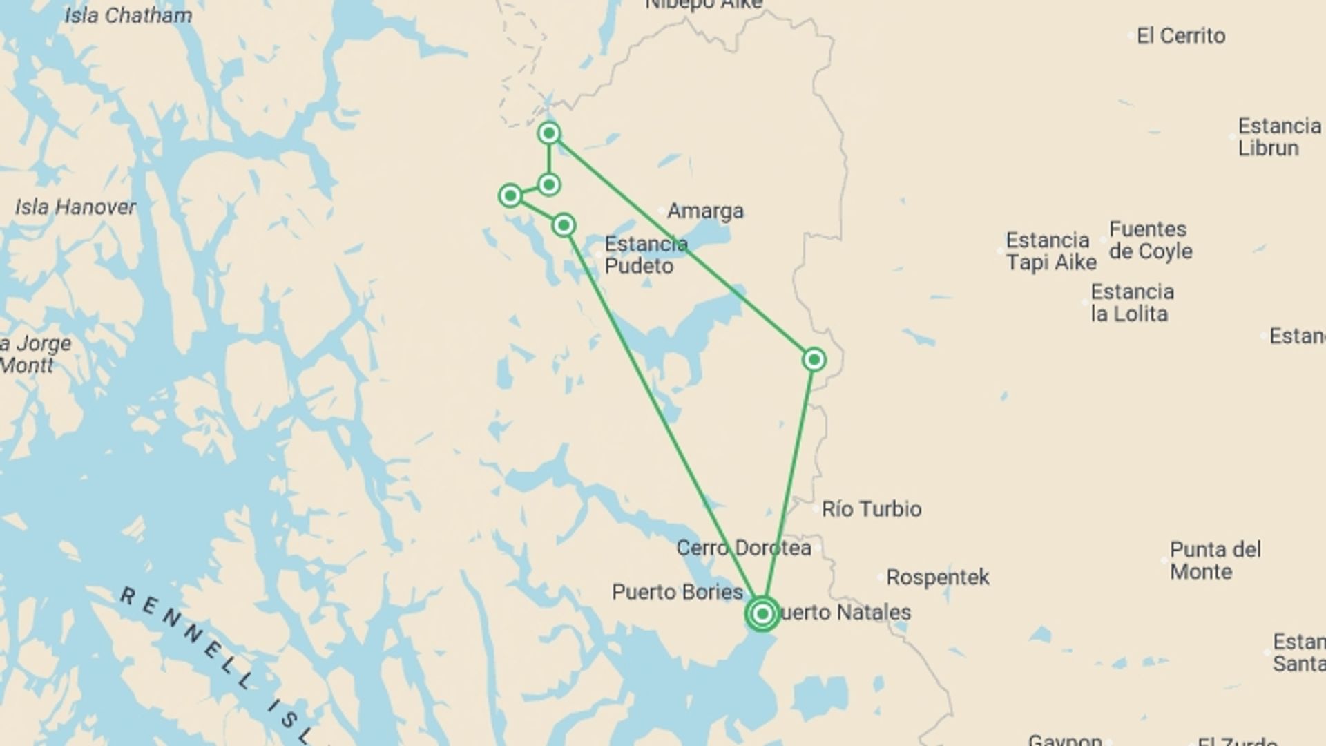 A map showing the tour itinerary for the trip: Patagonia: Torres del Paine Full O Circuit, starting in Puerto Natales, Chile and ending in Puerto Natales, Chile going through 5 other destinations.