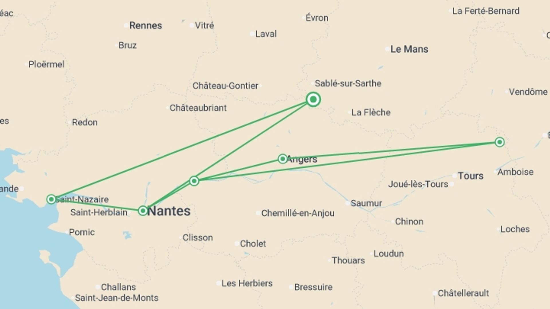 A map showing the tour itinerary for the trip: Family Club - The Loire Valley, a Royal legacy (port-to-port cruise), starting in Pays de la Loire, France and ending in Pays de la Loire, France going through 4 other destinations.