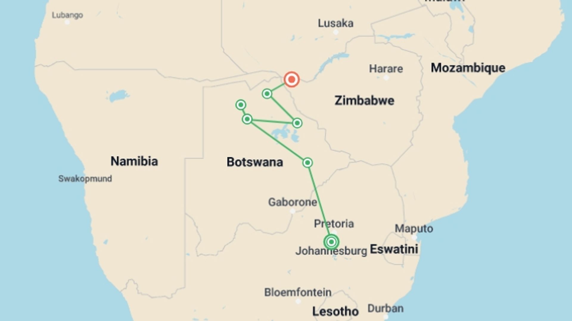 A map showing the tour itinerary for the trip: Okavango Experience, starting in Johannesburg, South Africa and ending in Victoria Falls, Zimbabwe going through 5 other destinations.