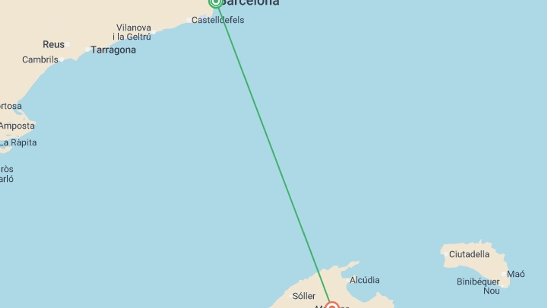 A map showing the tour itinerary for the trip: Enchanting Barcelona and Mallorca Island, starting in Barcelona, Spain and ending in Mallorca, Spain going through 0 other destinations.