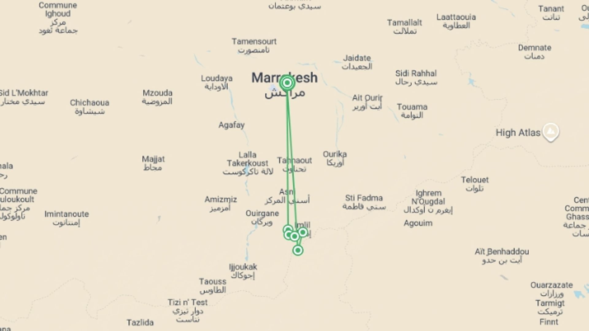 A map showing the tour itinerary for the trip: Toubkal Climb, starting in Marrakech, Morocco and ending in Marrakech, Morocco going through 3 other destinations.