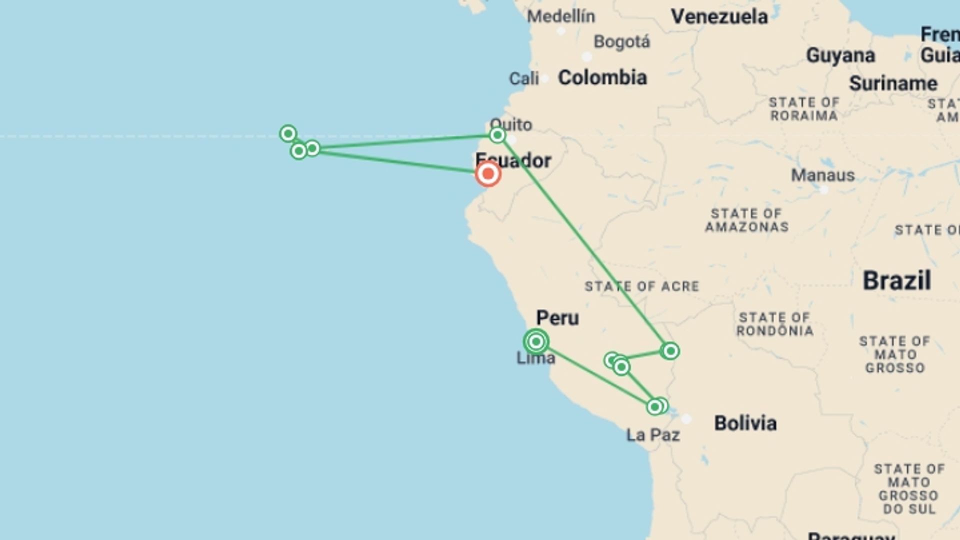A map showing the tour itinerary for the trip: Peru and Ecuador Discovery Tour, starting in Lima, Peru and ending in Guayaquil, Ecuador going through 13 other destinations.