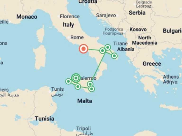 Map itinerary of Italy Tour in August 2027 with 9 destination visits for the trip: Premium Sicily and Puglia