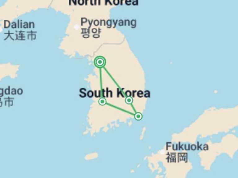 Map itinerary of South Korea Tour in March 2027 with 4 destination visits for the trip: Korean Cultural Odyssey Seoul to Busan - 9 days