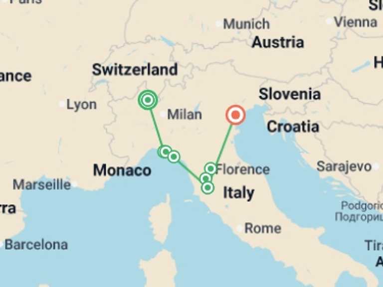 Map itinerary of Europe Tour in September 2026 with 8 destination visits for the trip: Italy's Treasures Art, Food & Wine of Italy