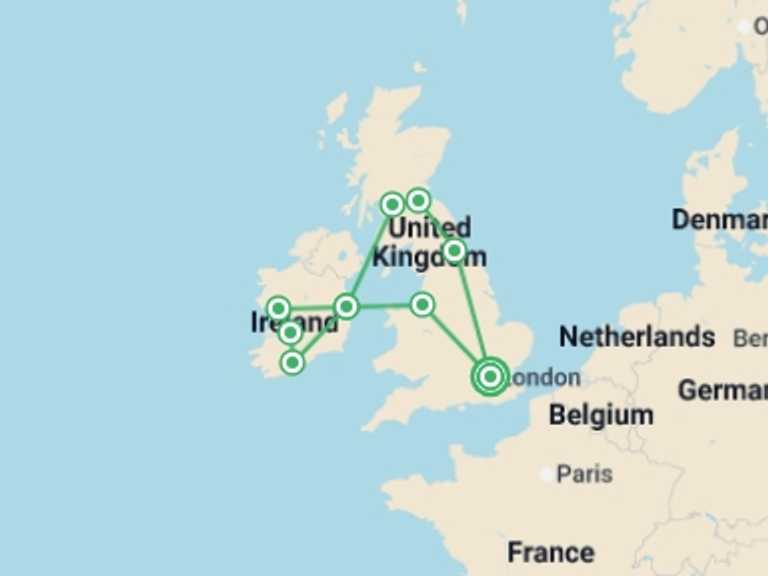 Map itinerary of Europe Tour in July 2026 with 9 destination visits for the trip: England, Scotland and Ireland