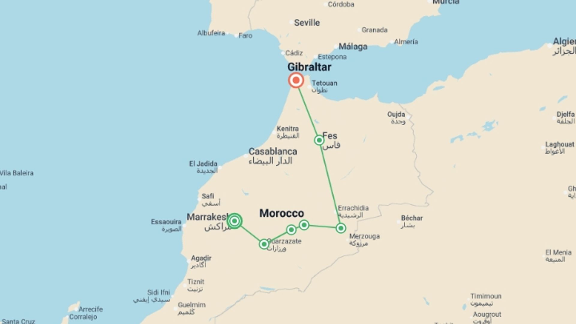 A map showing the tour itinerary for the trip: From Marrakesh to Tangier, starting in Marrakech, Morocco and ending in Tangier, Morocco going through 3 other destinations.