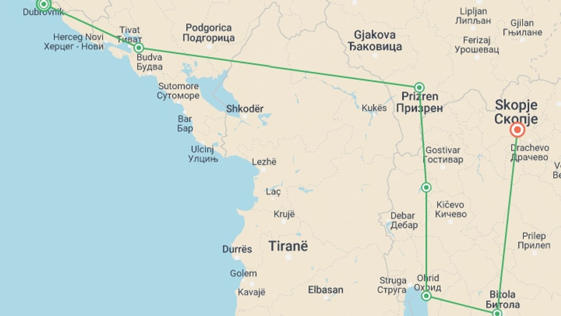 A map showing the tour itinerary for the trip: The Balkans Real Food Adventure, starting in Dubrovnik, Croatia and ending in Skopje, Macedonia going through 5 other destinations.