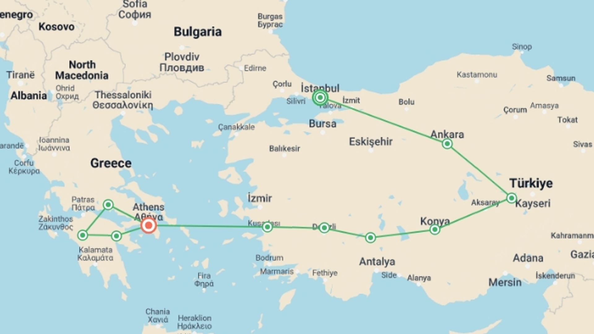 A map showing the tour itinerary for the trip: Istanbul to Athens Explorer, starting in Istanbul, Turkey and ending in Athens, Greece going through 9 other destinations.