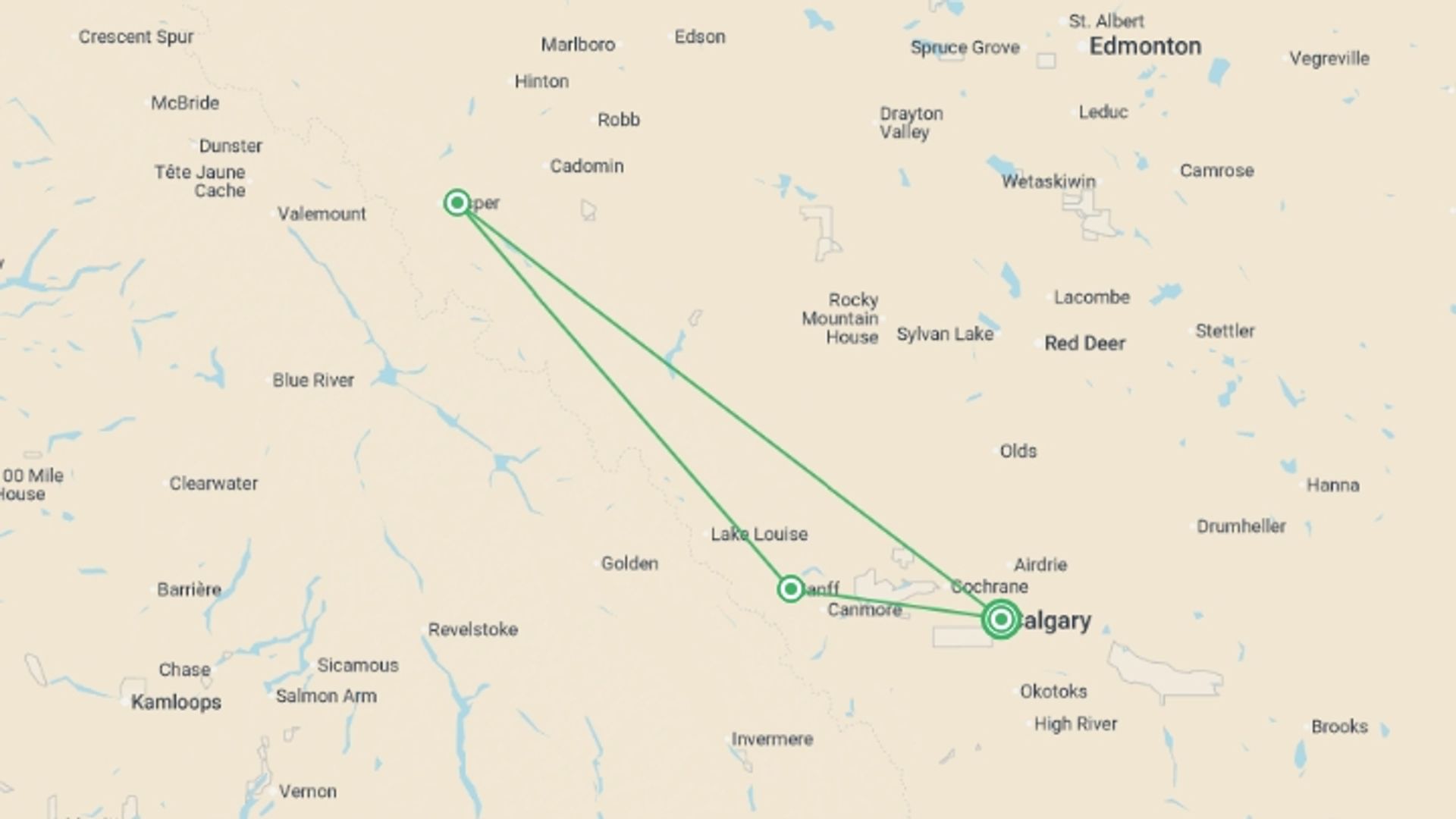 A map showing the tour itinerary for the trip: Canada's Rockies, starting in Calgary, Canada and ending in Calgary, Canada going through 2 other destinations.