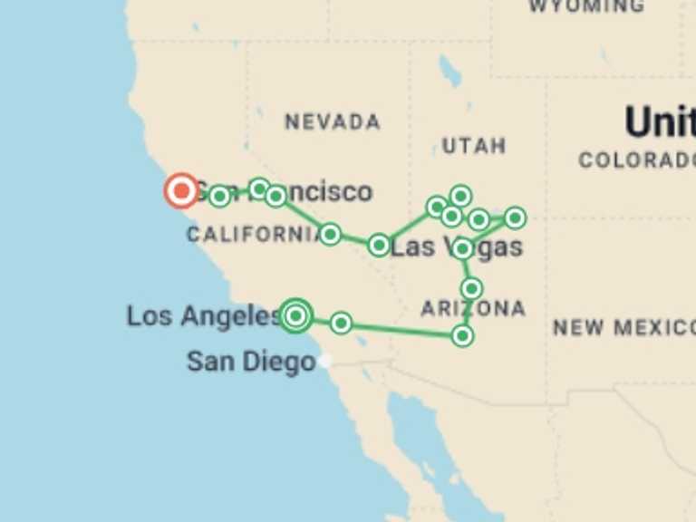 Map of Mammoth Lakes Tour with 9 destination visits for the trip: Los Angeles to San Francisco - 11 days