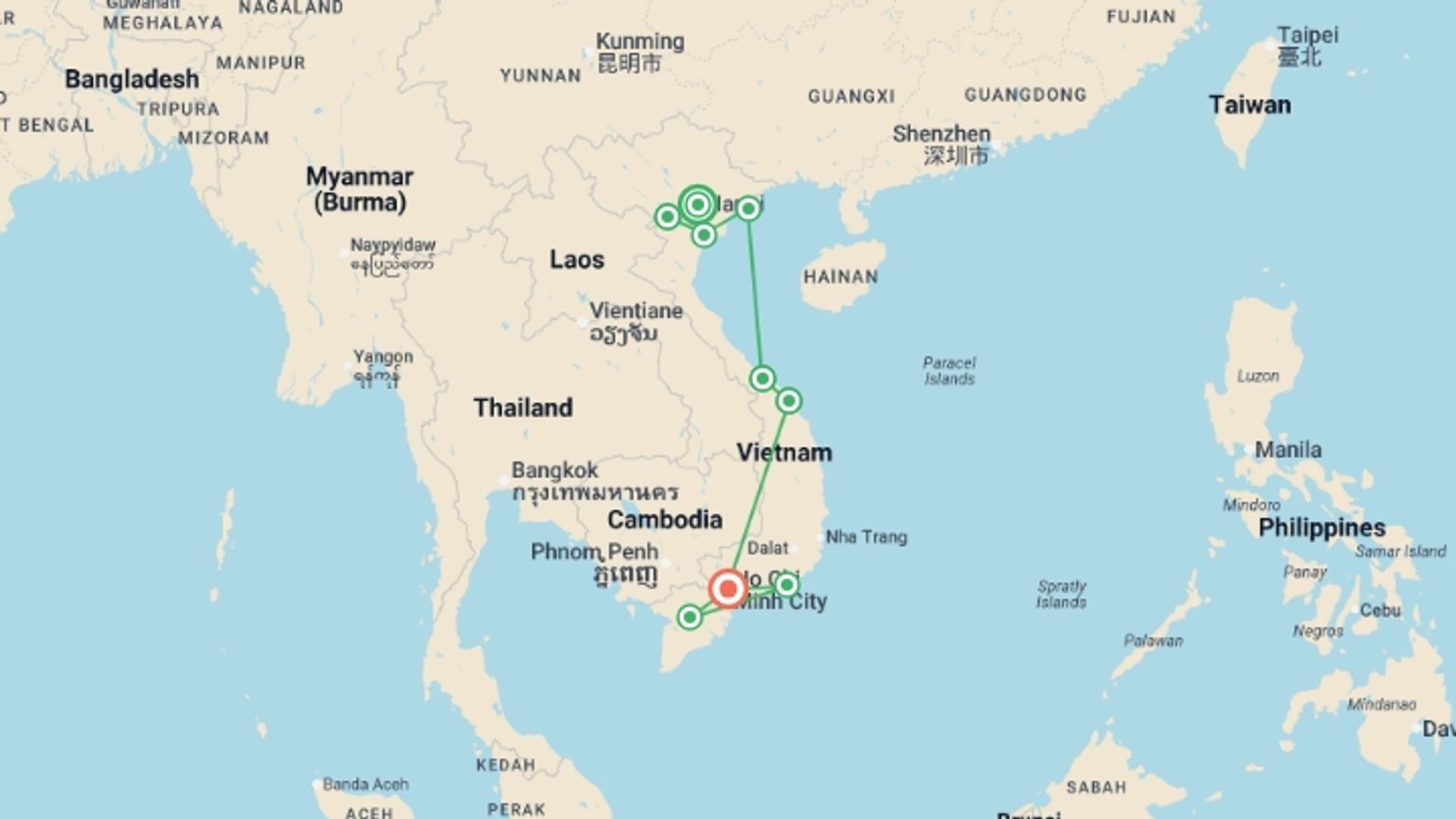 A map showing the tour itinerary for the trip: Vietnam Encompassed - 16 days, starting in Hanoi, Vietnam and ending in Ho Chi Minh City, Vietnam going through 7 other destinations.