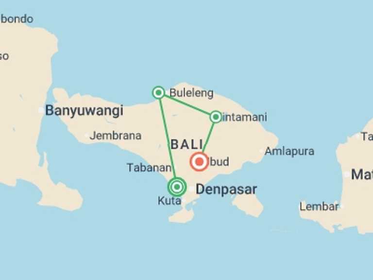Map of Asia Tour with 4 destination visits for the trip: Bali Unplugged: Surf, Sunrise & Village Vibes