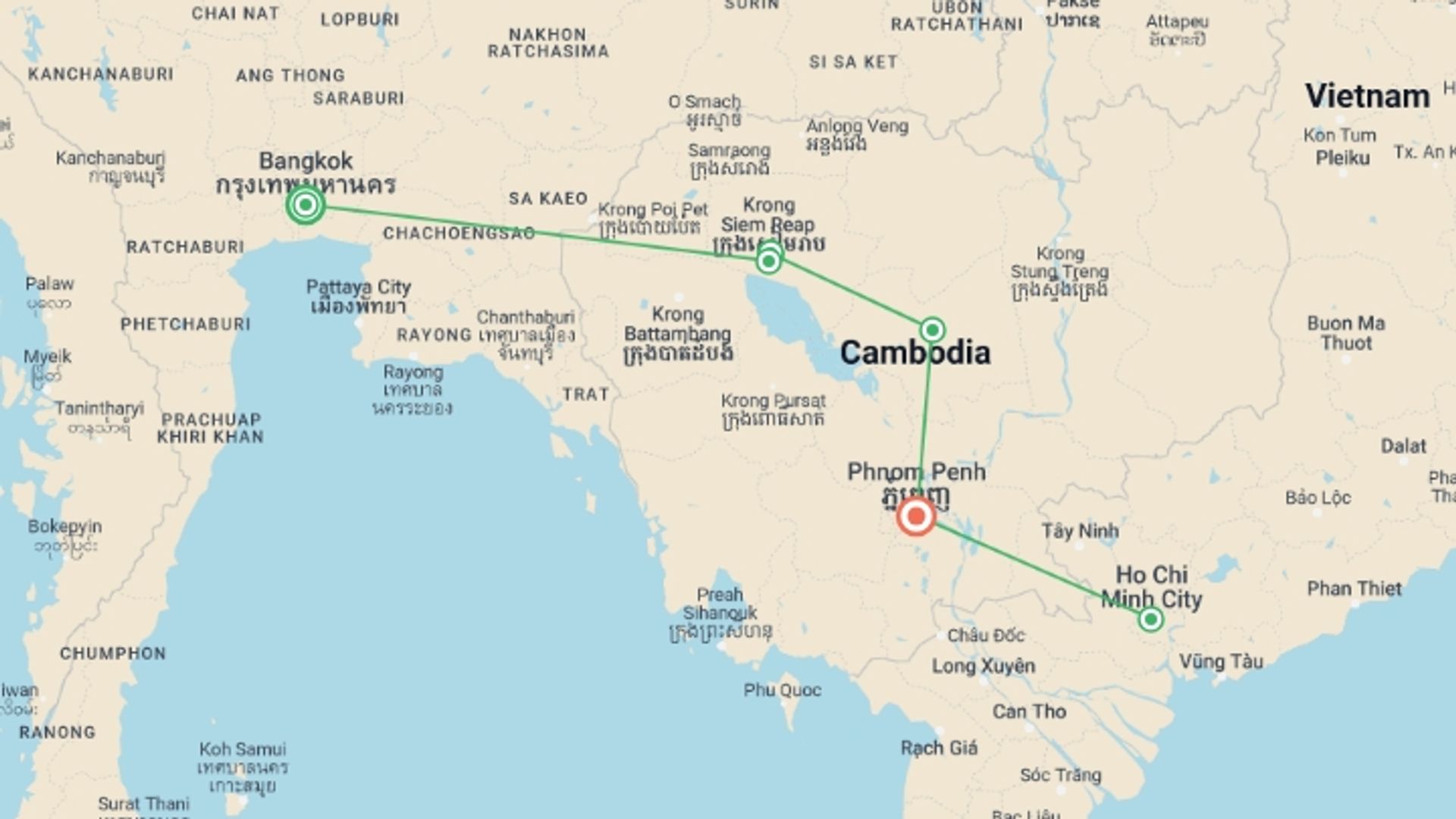 A map showing the tour itinerary for the trip: Cambodia Express, starting in Bangkok, Thailand and ending in Phnom Penh, Cambodia going through 4 other destinations.