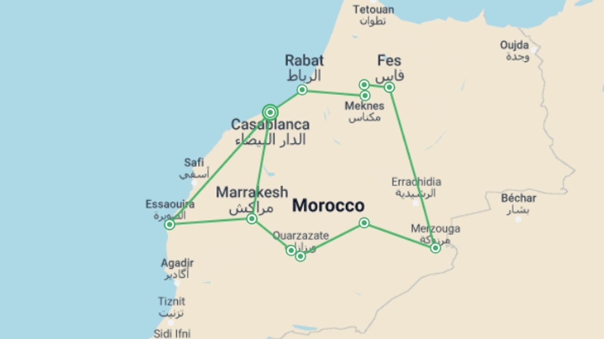 A map showing the tour itinerary for the trip: Casablanca to Essaouira - 13 days, starting in Casablanca, Morocco and ending in Casablanca, Morocco going through 7 other destinations.