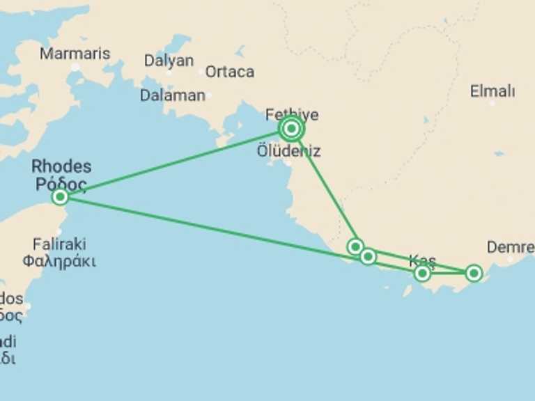 Map of Turkey Cruise Tour with 6 destination visits for the trip: Turquoise Blue - Fethiye/Kekova/Fethiye