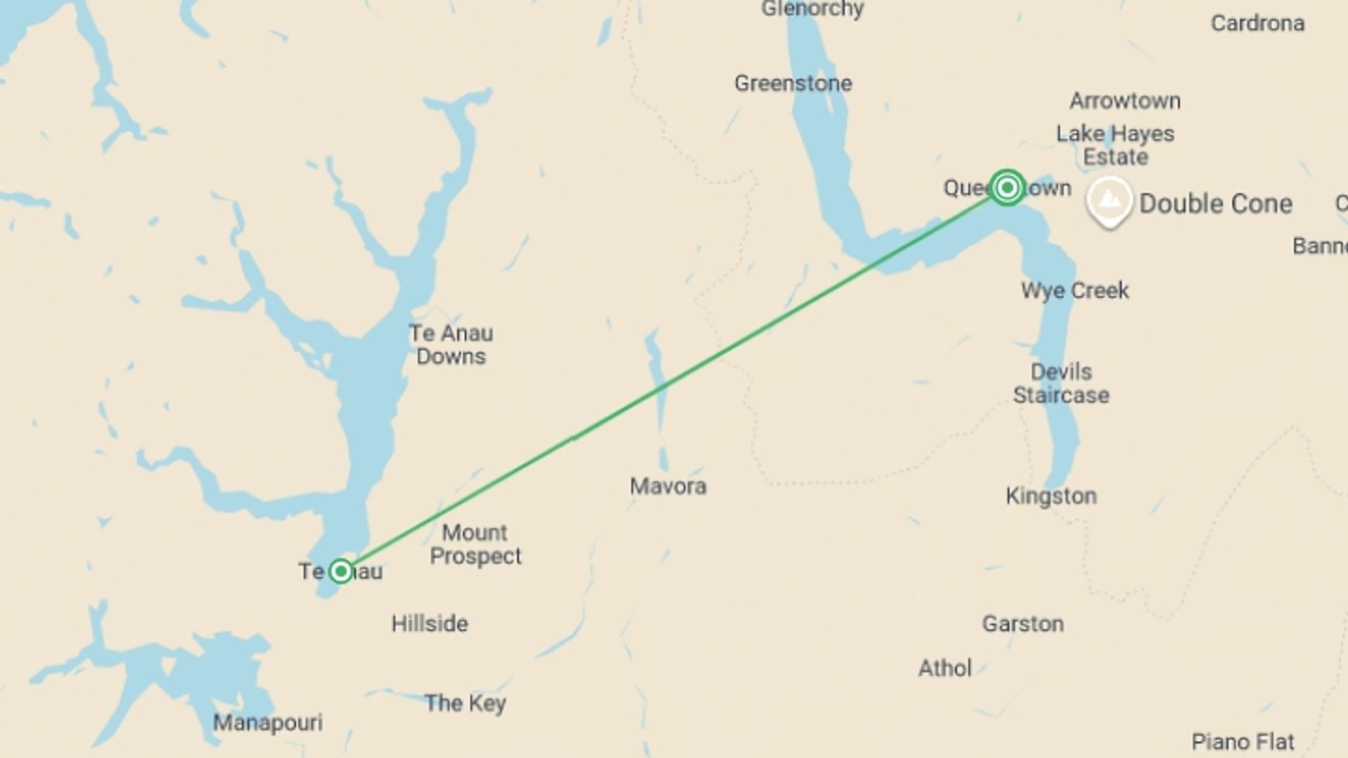A map showing the tour itinerary for the trip: Walk New Zealand's Fiordland National Park, starting in Queenstown, New Zealand and ending in Queenstown, New Zealand going through 1 other destinations.