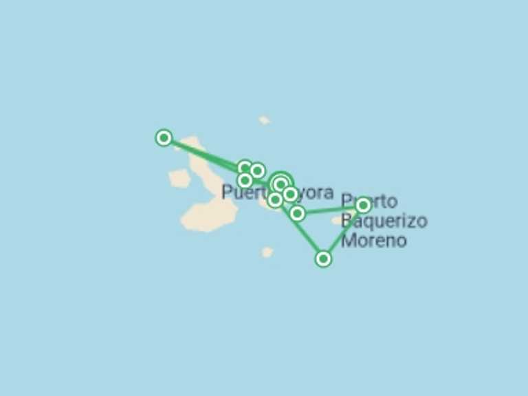 Map itinerary of Ecuador Tour in September 2027 with 8 destination visits for the trip: Galápagos – Central and East Islands aboard the Reina Silvia Voyager (Cruise Only)