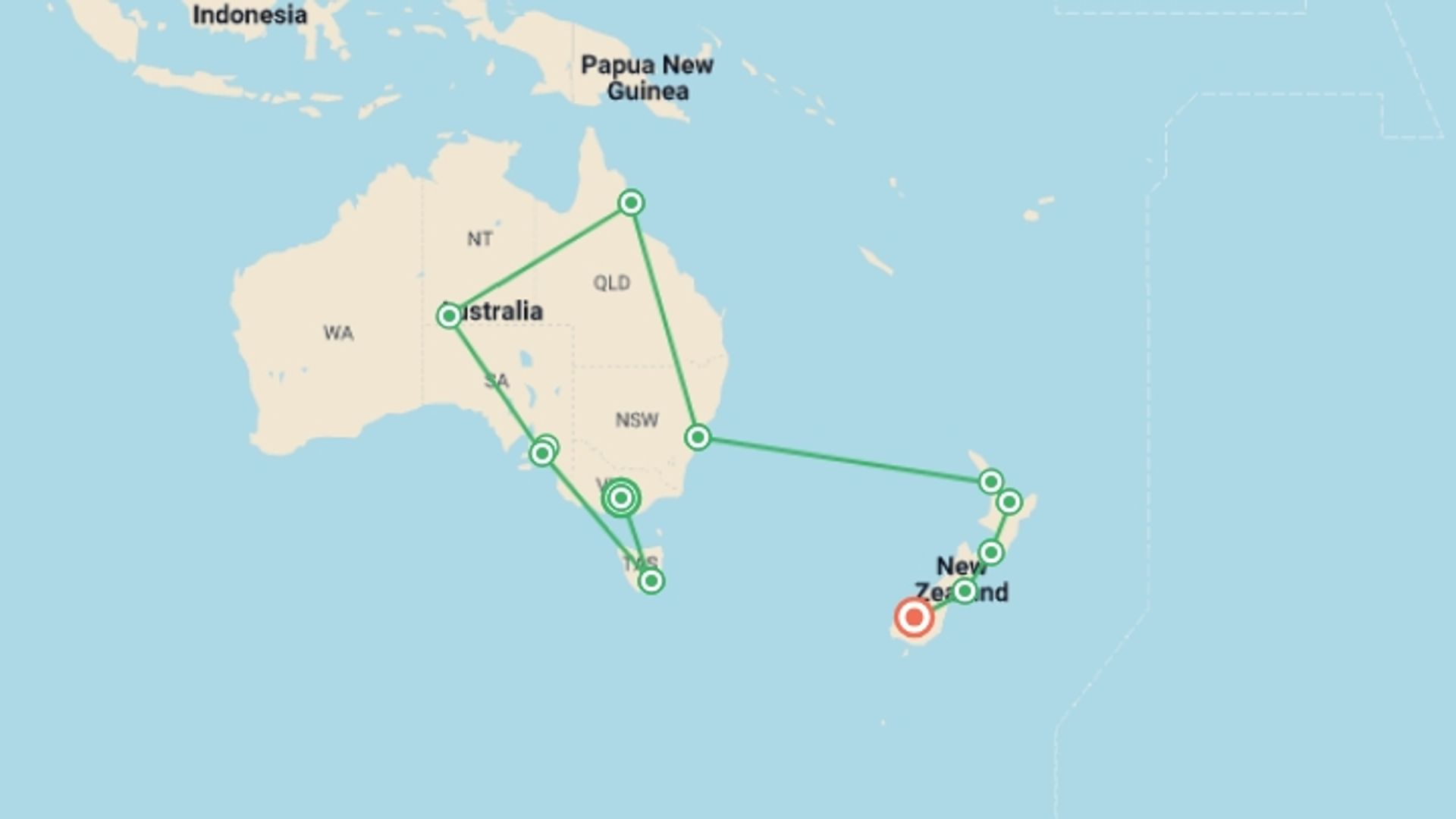 A map showing the tour itinerary for the trip: The Complete South Pacific , starting in Melbourne, Australia and ending in Queenstown, New Zealand going through 9 other destinations.