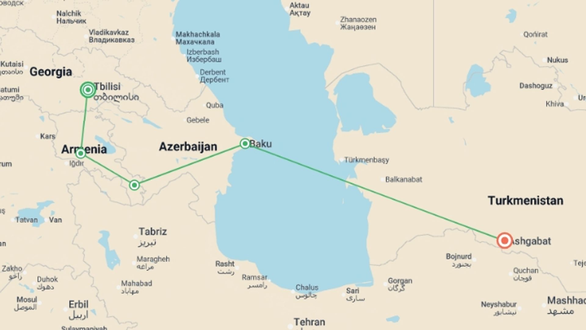 A map showing the tour itinerary for the trip: Tbilisi To Ashgabat (27 Days), starting in Tbilisi, Georgia and ending in Ashgabat, Turkmenistan going through 3 other destinations.