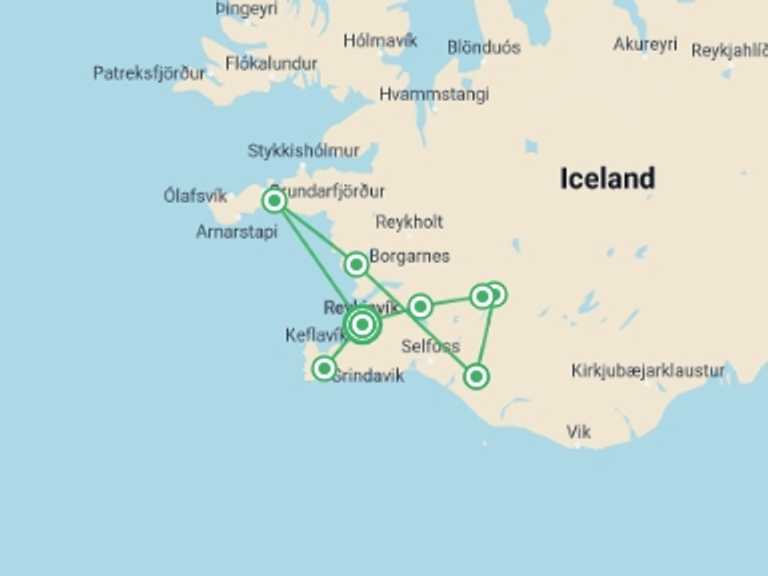 Map itinerary of Reykjavik Tour in Summer with 4 destination visits for the trip: An Icelandic Adventure