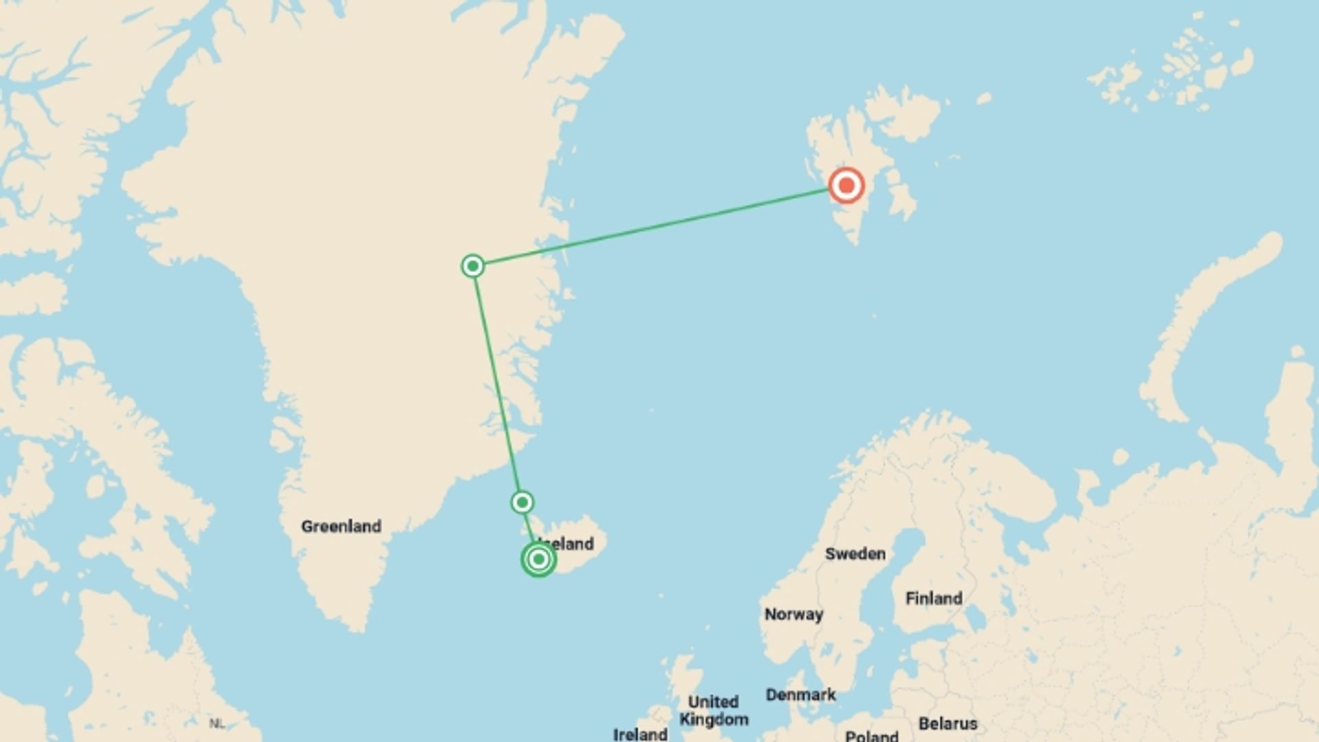 A map showing the tour itinerary for the trip: Arctic Highlights Northbound, starting in Reykjavik, Iceland and ending in Longyearbyen, Norway going through 2 other destinations.