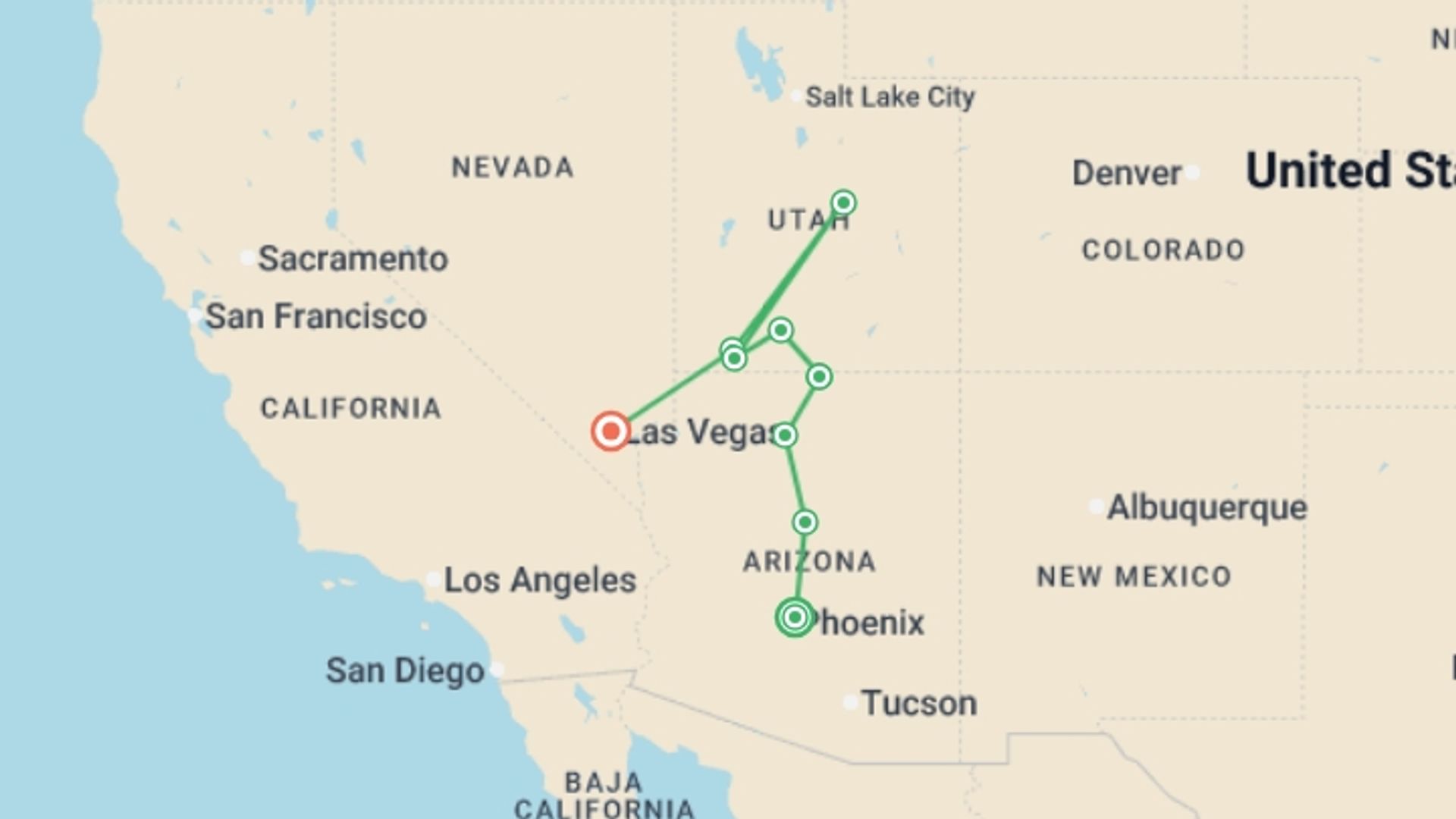 A map showing the tour itinerary for the trip: Canyon Country featuring Arizona & Utah, starting in Scottsdale, USA and ending in Las Vegas, USA going through 6 other destinations.