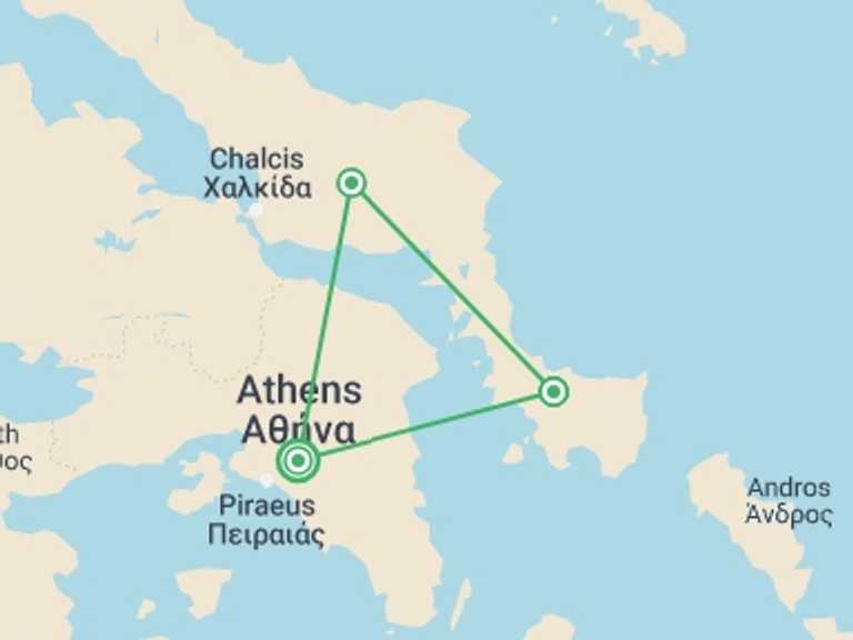 Map itinerary of Athens Tour in October 2026 with 3 destination visits for the trip: Walking the Mountains & Villages of Evia