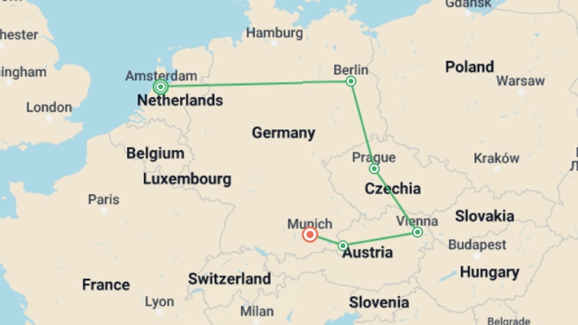 A map showing the tour itinerary for the trip: Essential Western Europe: Amsterdam, Berlin & Epic Views, starting in Amsterdam, Holland and ending in Munich, Germany going through 4 other destinations.
