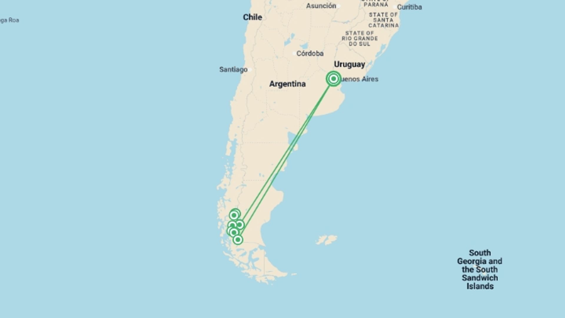 A map showing the tour itinerary for the trip: Hike Patagonia In Depth, starting in Buenos Aires, Argentina and ending in Buenos Aires, Argentina going through 6 other destinations.