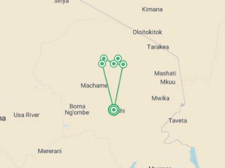 Map itinerary of Tanzania Tour in February 2027 with 6 destination visits for the trip: Kilimanjaro: Machame Route