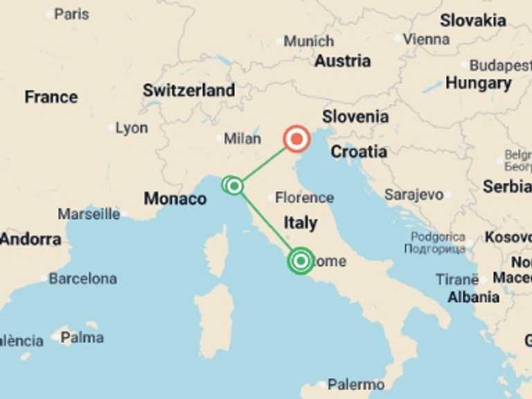 Map of Italy Tour with 4 destination visits for the trip: Cinque Terre Escape from Rome
