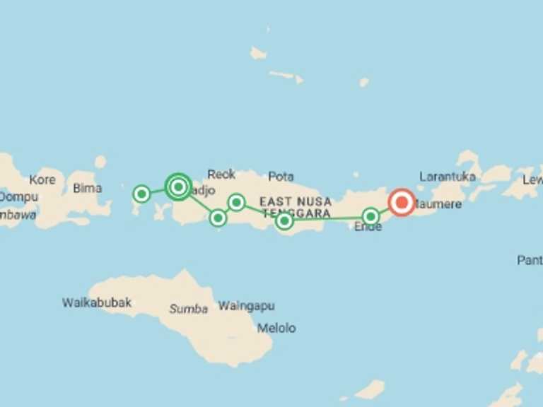 Map itinerary of South East Asia Tour in March 2026 with 8 destination visits for the trip: Komodo & Flores Adventure