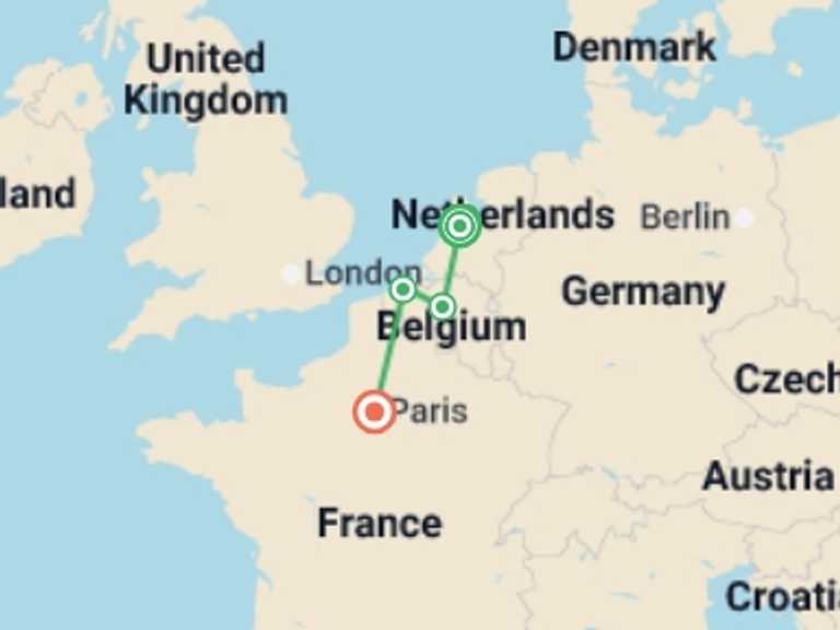 Map of Europe Tour with 2 destination visits for the trip: Amazing Amsterdam, Brussels and Paris